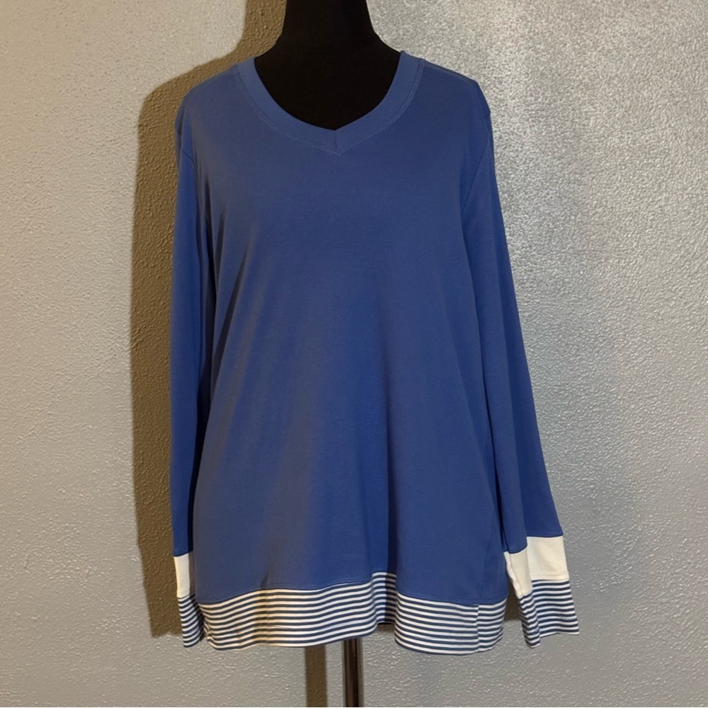 Karen Scott Sport Blue White Striped Trim V Neck Long Sleeve Top Womens Size L